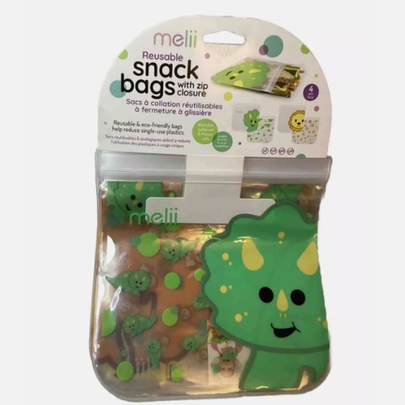 New Melii Animals Dino Lion Reusable Snack Bags with Zip Closure - Pack of 4 - Picture 1 of 2